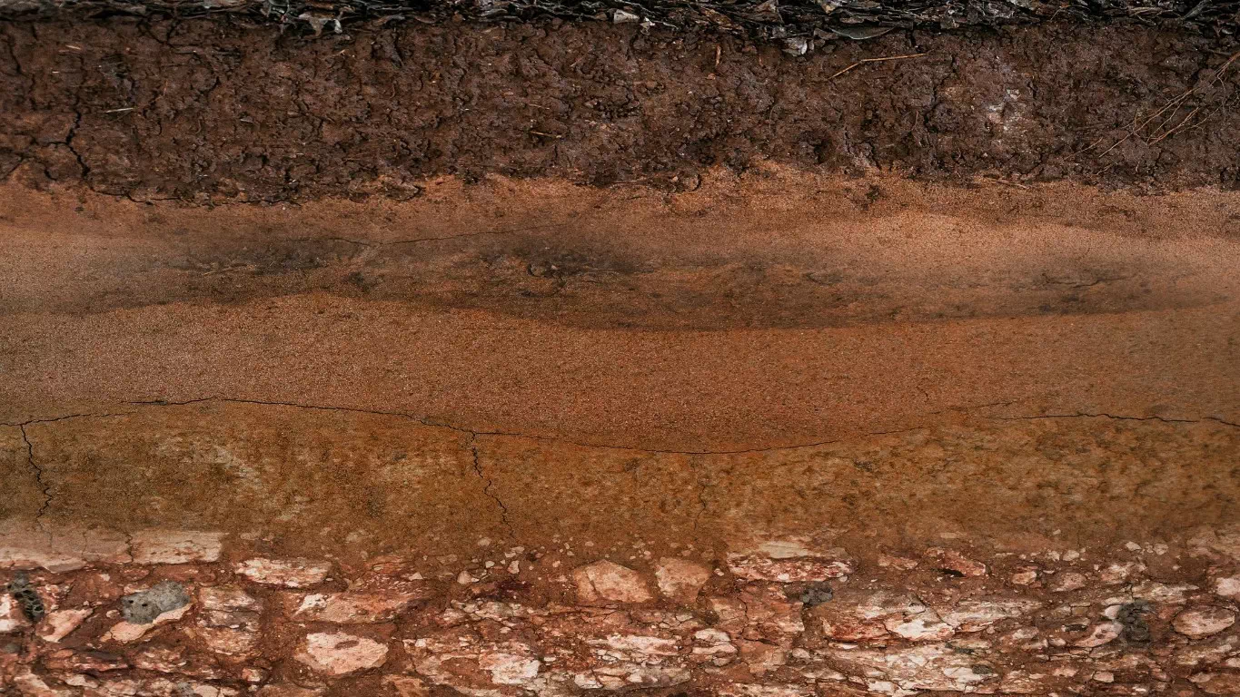 Cross-section of the ground showing successive soil and rock layers beneath the surface